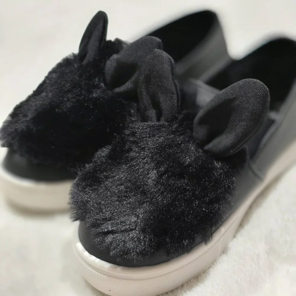 Nina ✦ Bunny Ear Slip-On Shoes ✦ Black Faux Fur Toddler Flats Girls 10 NWT